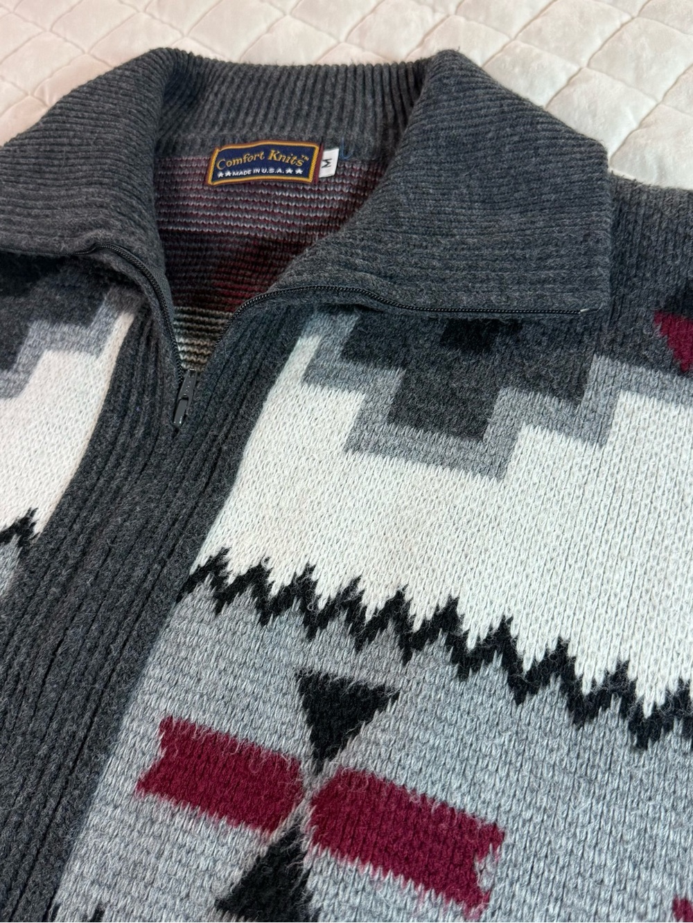 Vintage Comfort Knits Geometric Aztec Full Zip Cardigan Sweater Mens Size M USA